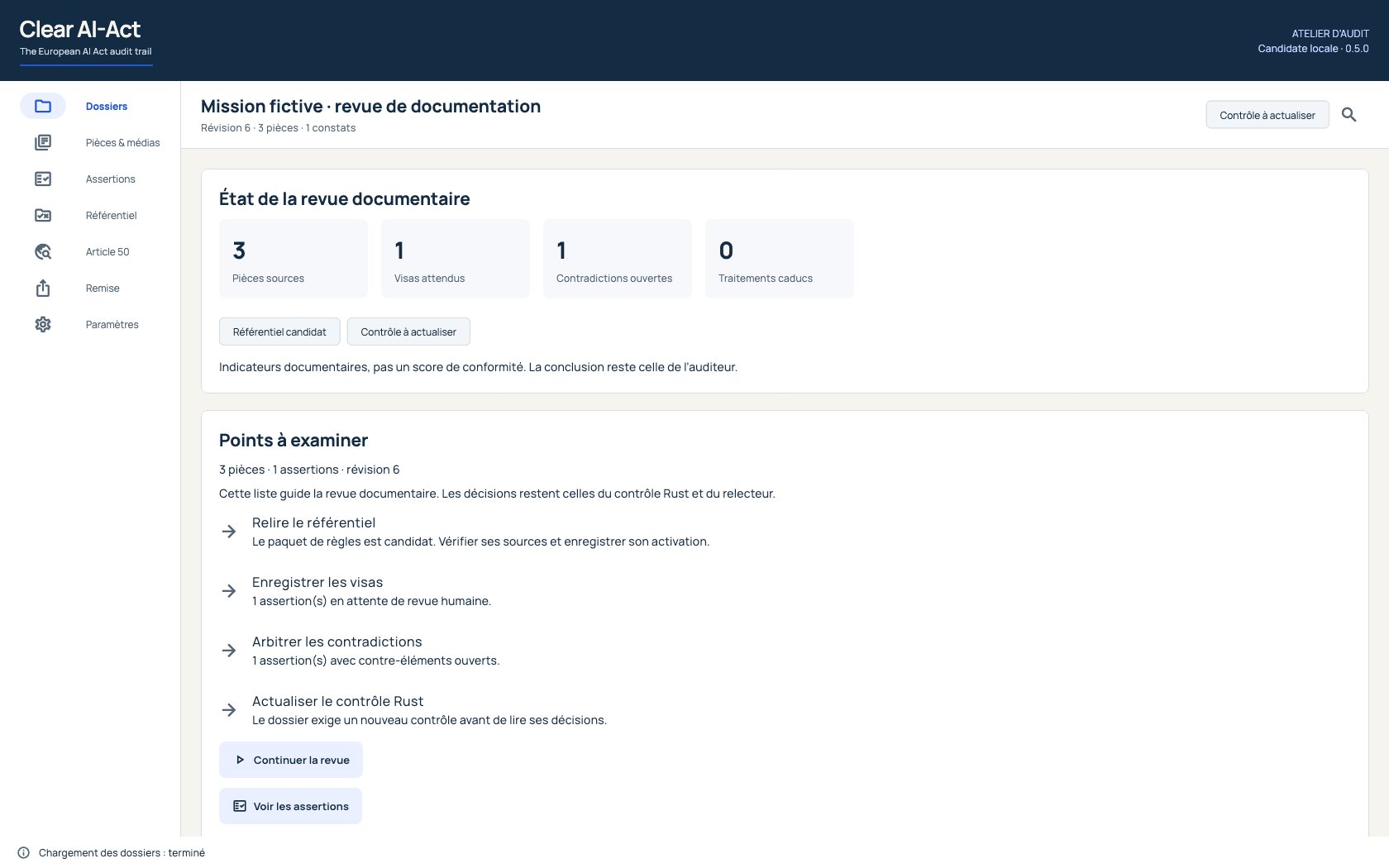Cockpit d’un dossier dans Clear AI-Act, données fictives.